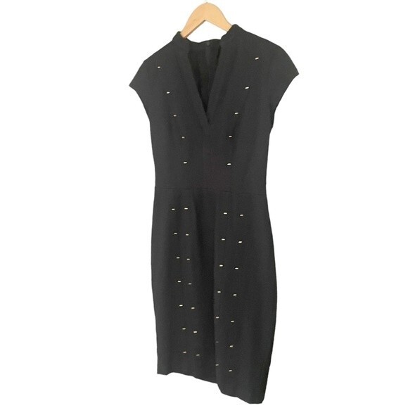 Y2K Cache Bodycon Dress Black Ponte Knit Fitted Gold Stud Studded Sheath Size 6 - Picture 6 of 10